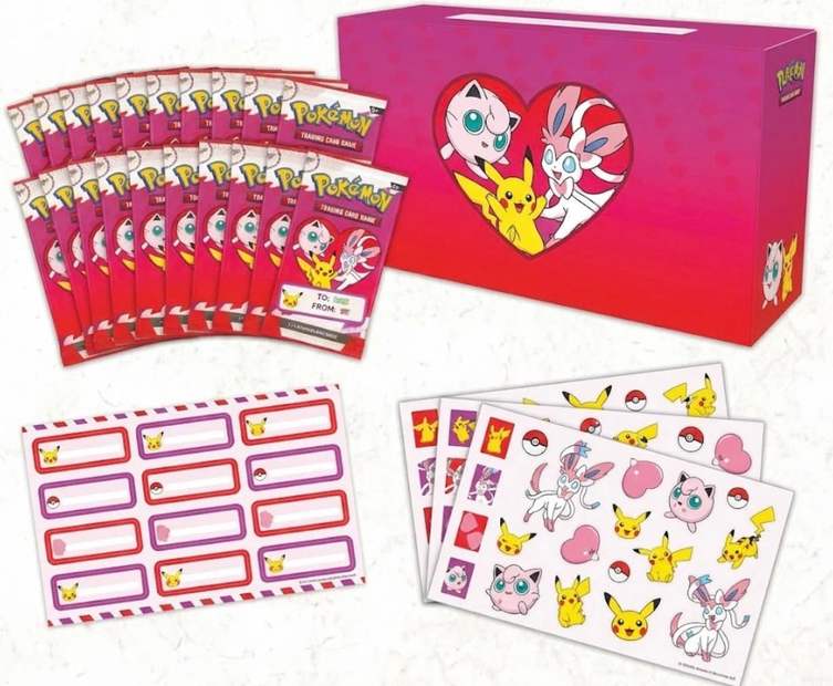 La confezione della Pokémon TCG Valentine's Box con buste e sticker
